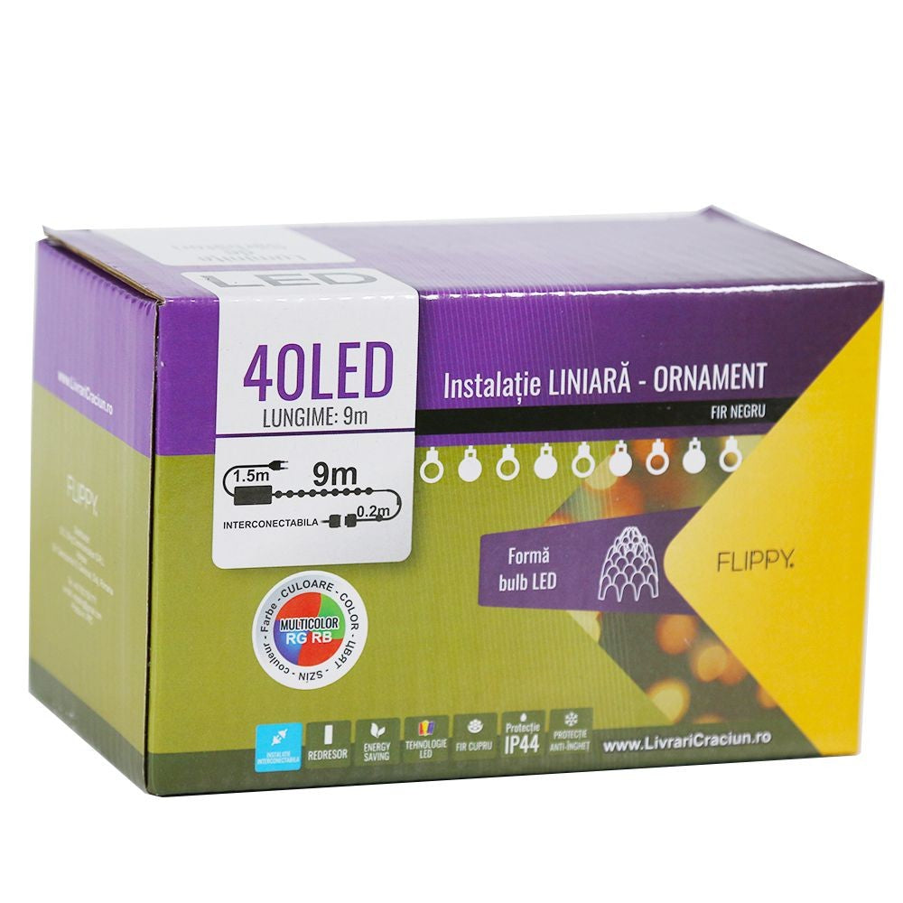 Instalatie de Craciun, Flippy®, Tip Liniara, 9 m, 40 LED-uri, Model Cristal, Interconectabila, Multicolor - vivimall.ro