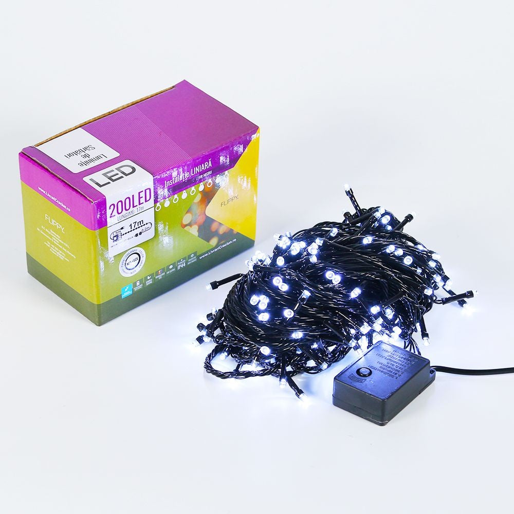 Instalatie de Craciun Flippy® Tip Liniara, Fir Negru, 17 m, 200 LED-uri, Interconectabila, Alb Rece - vivimall.ro