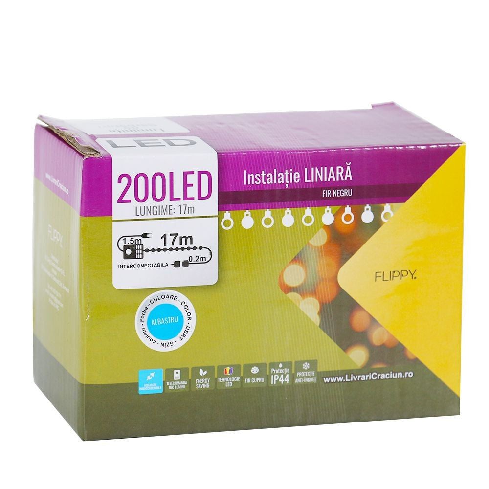 Instalatie de Craciun Flippy® Tip Liniara,Fir Negru, 17 m, 200 LED-uri ,Interconectabila, Albastru - vivimall.ro