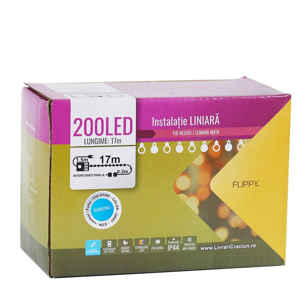 Instalatie de Craciun, Flippy®, Tip Liniara, Fir Negru, 17 m, 200 LED-uri, Interconectabila, Albastru - vivimall.ro