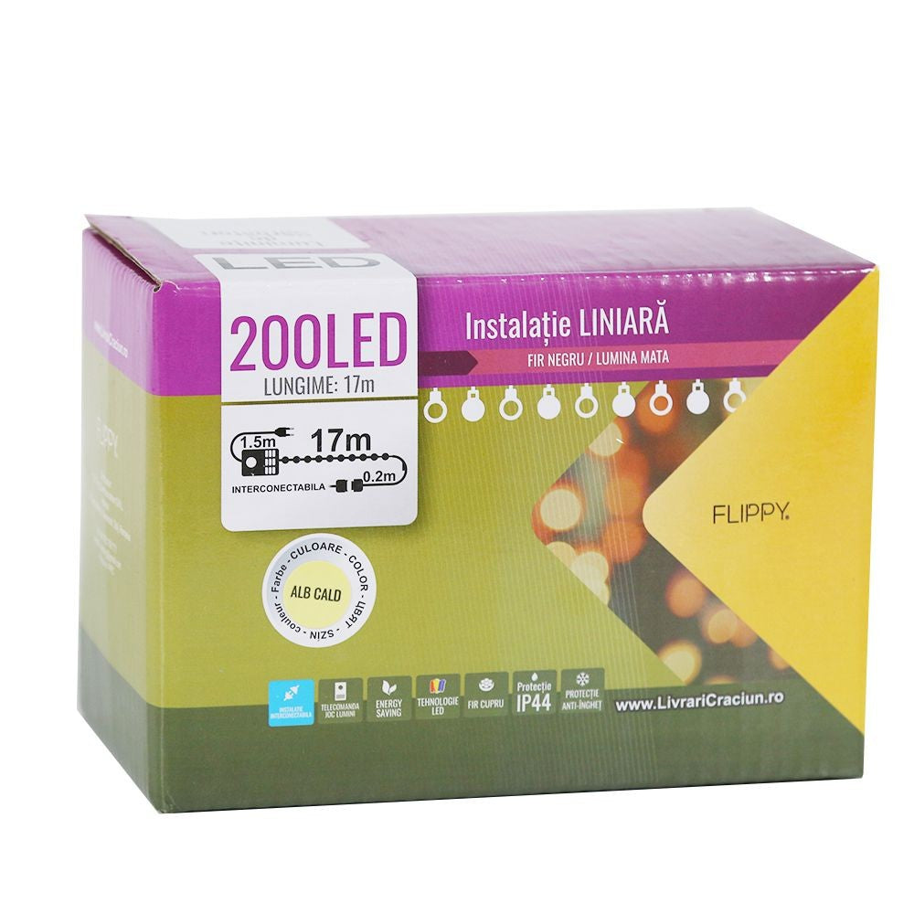 Instalatie de Craciun Flippy® Tip Liniara, Fir Negru, 17 m, 200 LED-uri Mici Rotunde, Interconectabila, Alb Cald - vivimall.ro