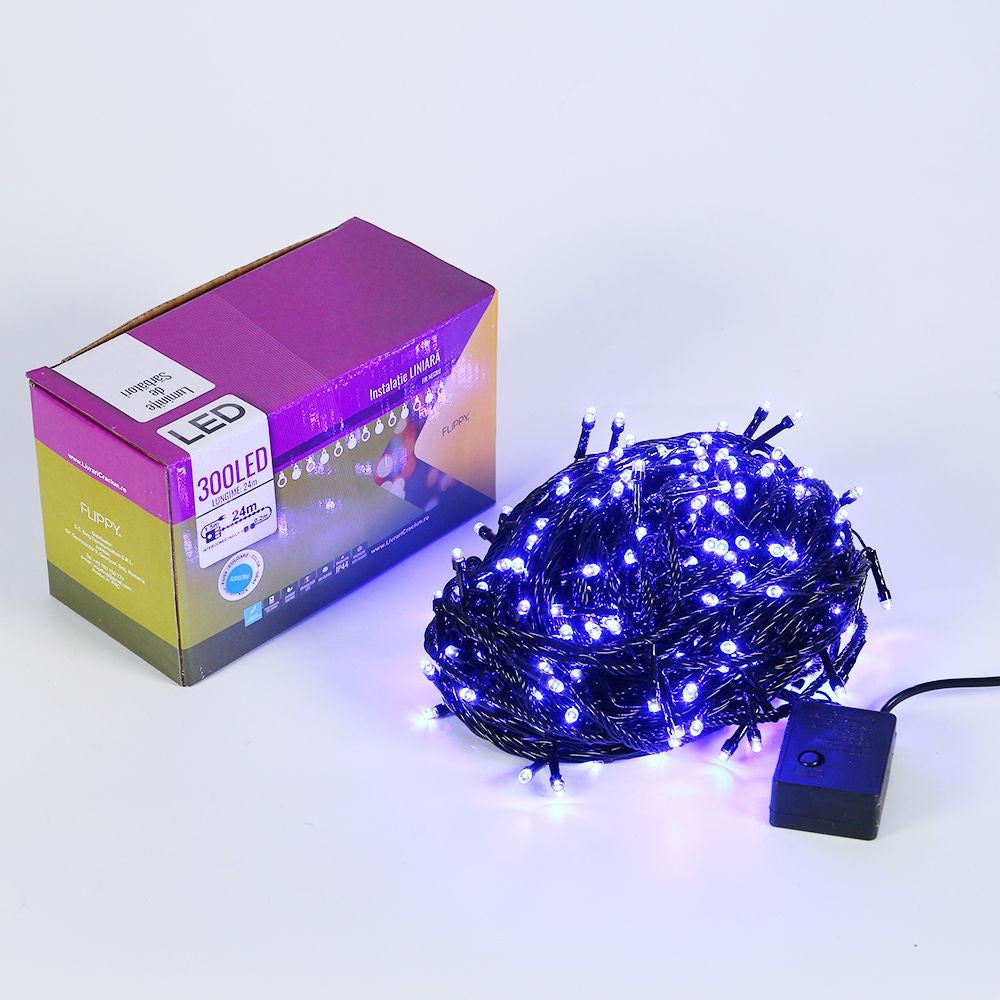 Instalatie de Craciun Flippy® Tip Liniara, Fir Negru, 24 m, 300 LED-uri, Interconectabila, Albastru - vivimall.ro