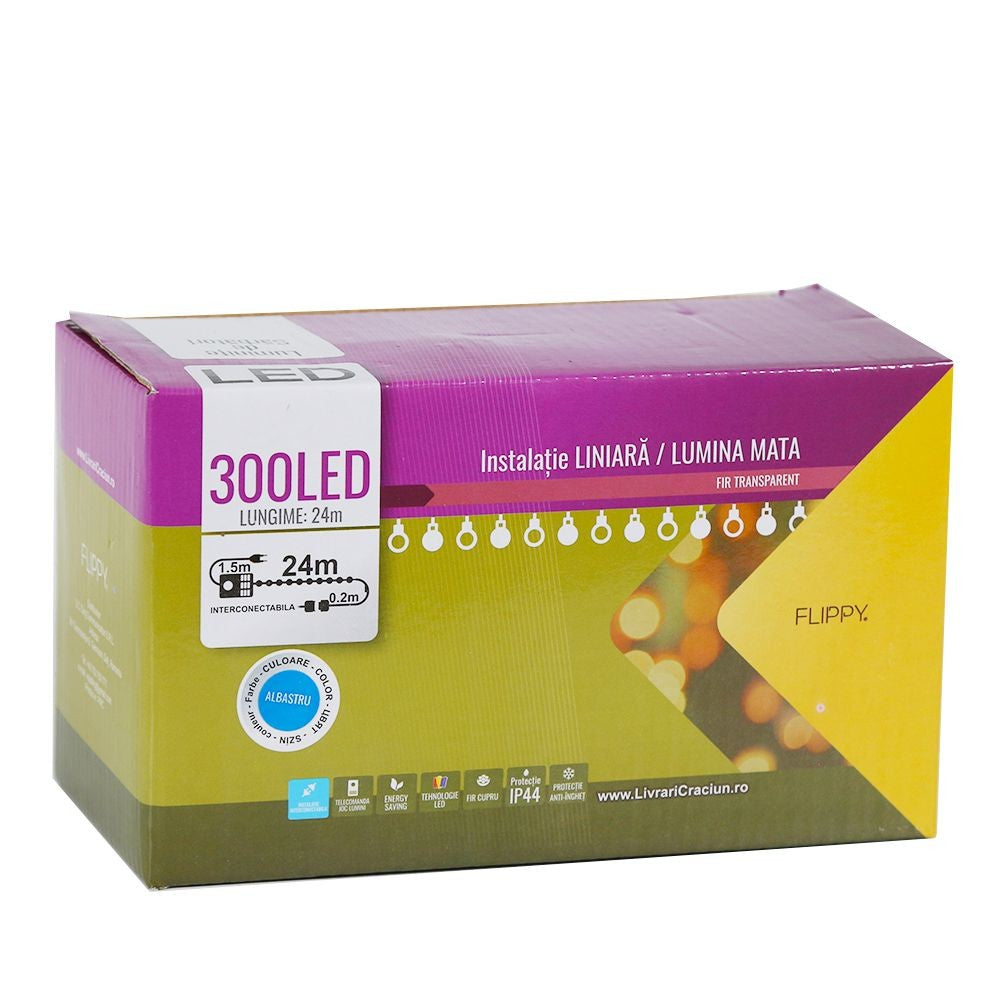 Instalatie de Craciun Flippy® Tip Liniara, Fir Negru, 24 m, 300 LED-uri Mici Rotunde, Interconectabila, Albastru - vivimall.ro