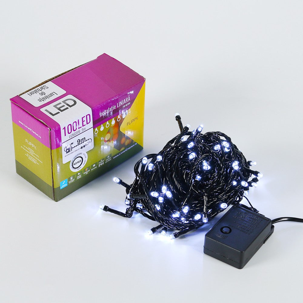 Instalatie de Craciun Flippy® Tip Liniara, Fir Negru, 9 m, 100 LED-uri, Interconectabila, Alb Rece - vivimall.ro