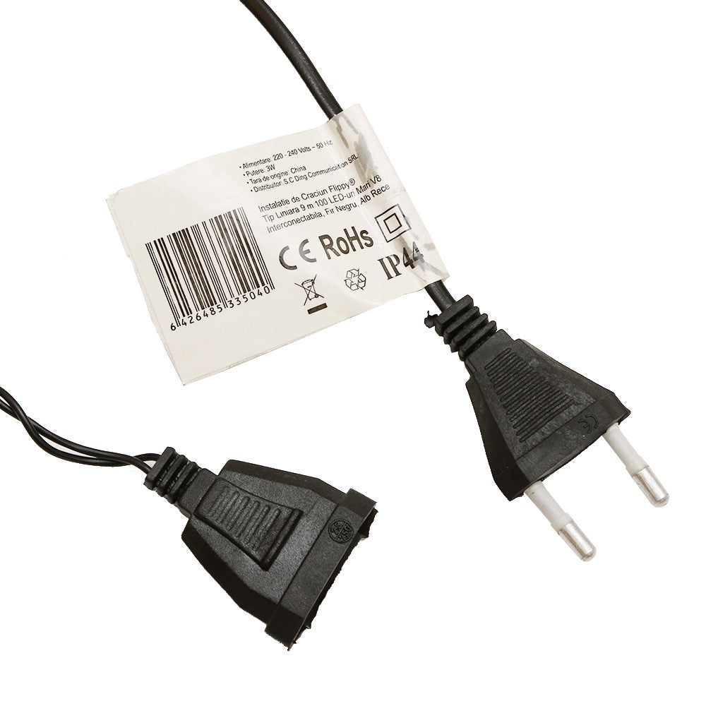 Instalatie de Craciun Flippy® Tip Liniara, Fir Negru, 9 m, 100 LED-uri Mari Rotunde, Interconectabila, Alb Rece - vivimall.ro