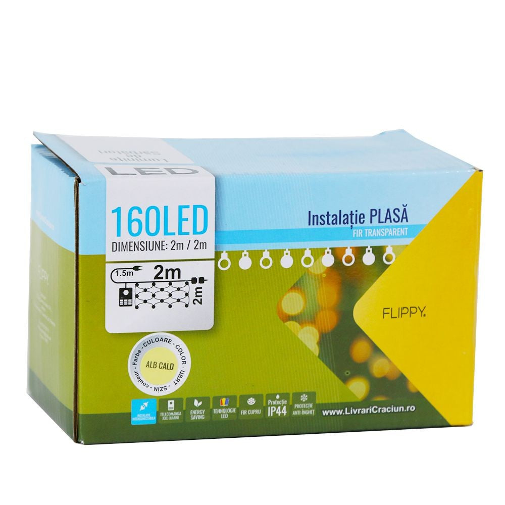 Instalatie de Craciun Flippy® Tip Plasa, Fir Transparent, 2 x 2 m, 160 LED-uri, Interconectabila, Alb Cald - vivimall.ro