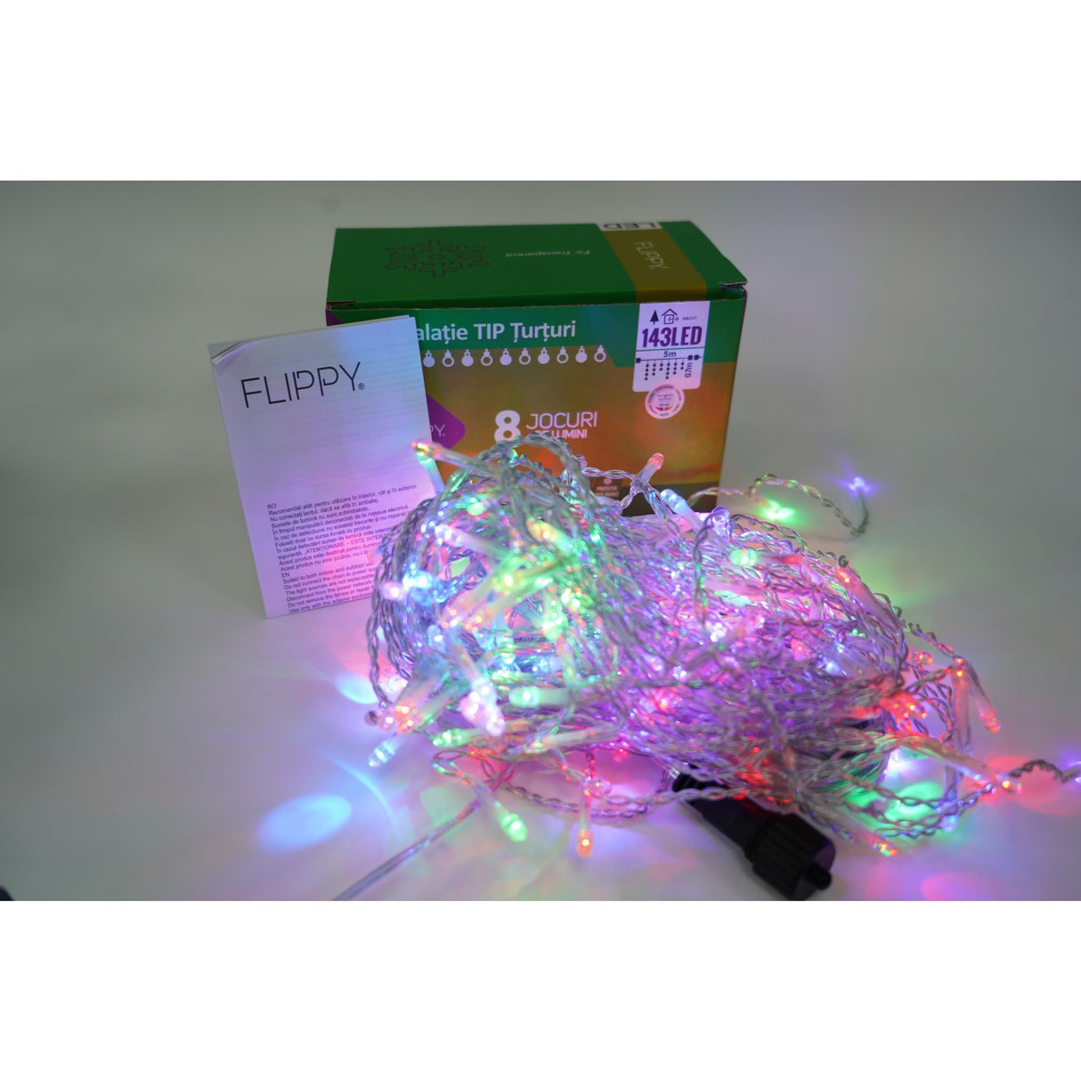 Instalatie de Craciun, Flippy®, Tip Turturi, Sectiune 5 m, 143 LED-uri, 8 Jocuri de Lumini, Fir Alb, Lumina RB-RG, IP44, Interconectabila - vivimall.ro