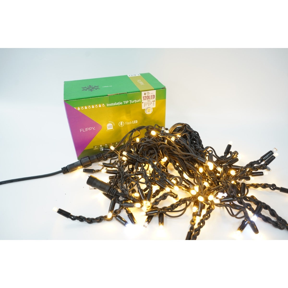 Sectiune Instalatie de Craciun Vivimall® Tip Turturi, Franjuri cu Flash, IP65, Sectiune 5 m, 120 LED-uri, Interconectabila, Fir Negru, Alb Cald, Atentie! fara Alimentator - vivimall.ro