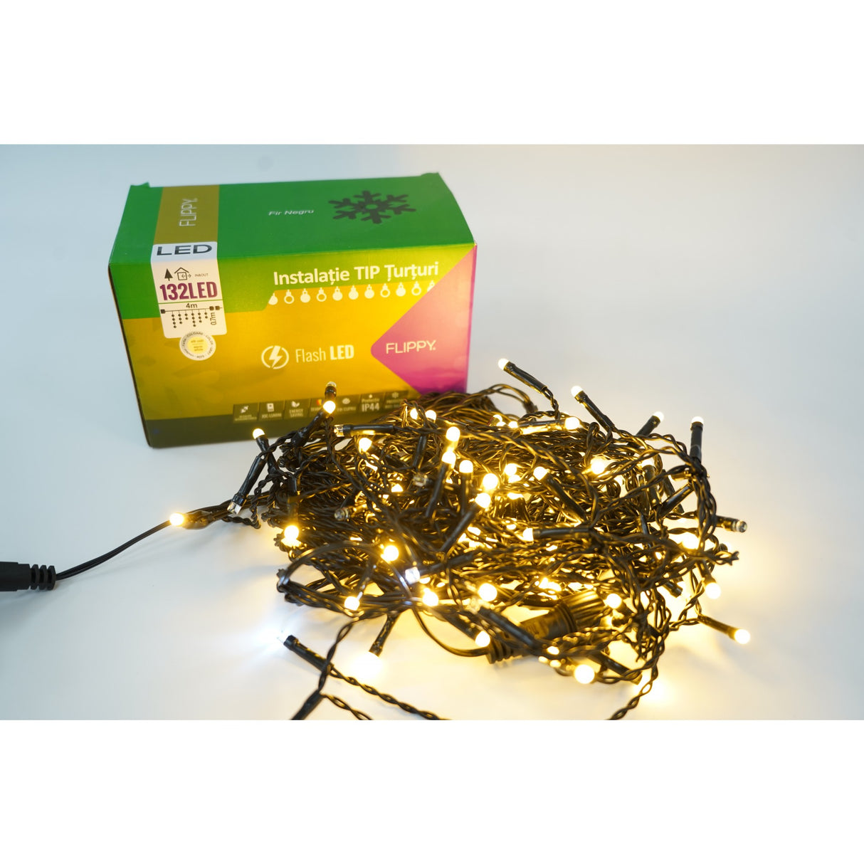 Instalatie de Craciun Vivimall® Tip Turturi, Franjuri cu Flash, Sectiune 4 m, 132 LED-uri, Interconectabila, Fir Negru, Alb Cald - vivimall.ro