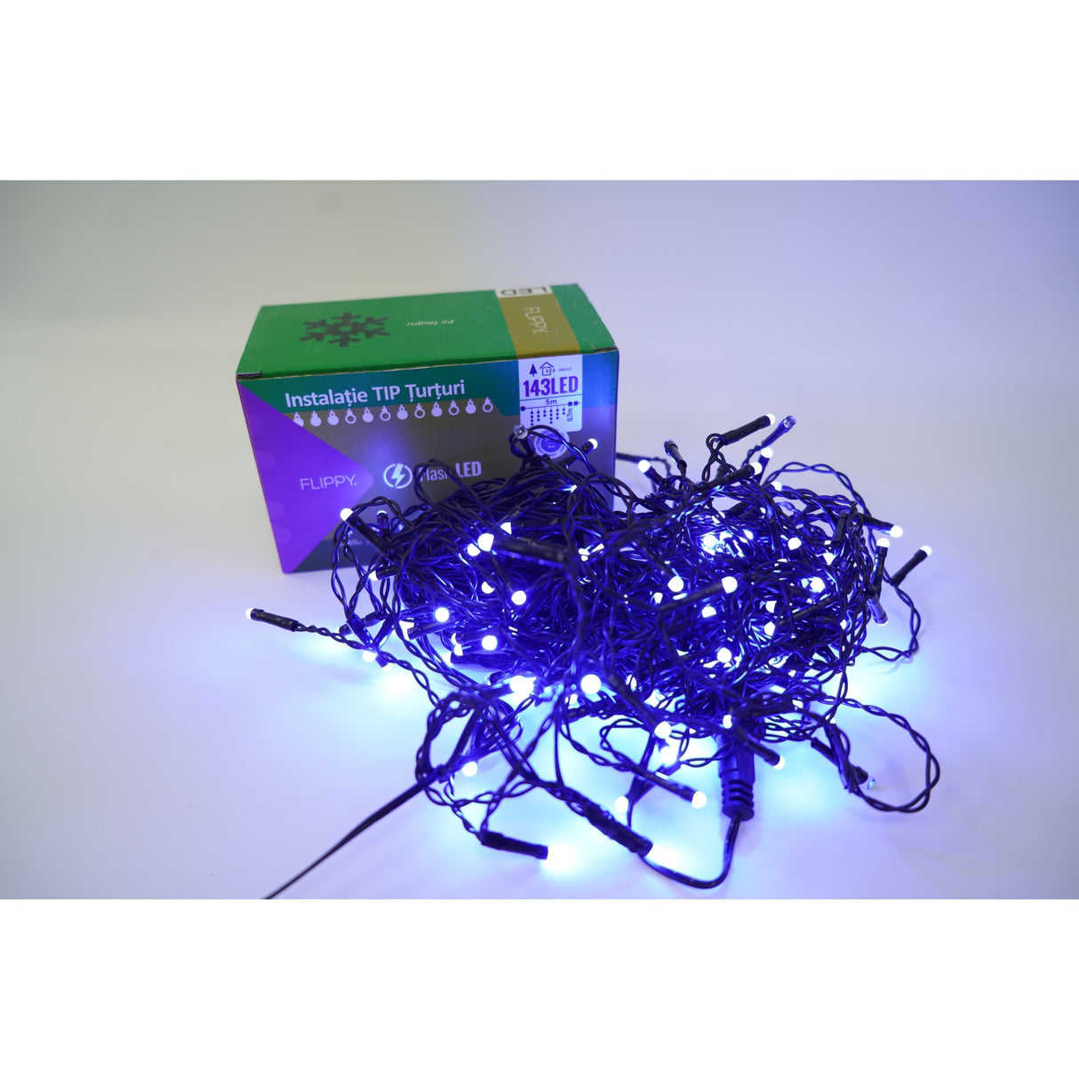 Instalatie de Craciun Vivimall® Tip Turturi, Franjuri cu Flash, Sectiune 5 m, 143 LED-uri, Interconectabila, Fir Negru, Albastru - vivimall.ro