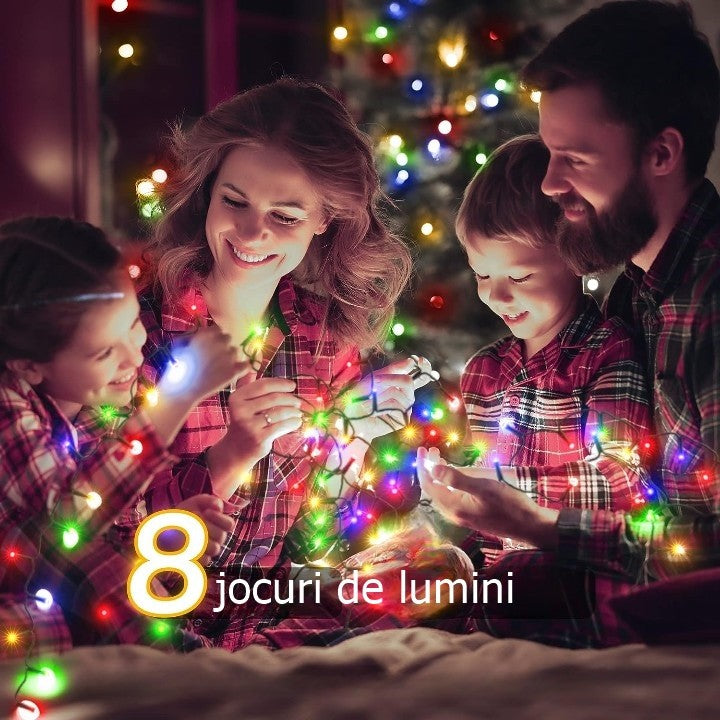 Instalatie de Craciun liniara Yoto, 24 m, din care 1 m cablu priza 220V, 300 LED, 8 jocuri de lumini, beculet in 6 colturi, pentru interior, controler, fir negru, multicolor - vivimall.ro