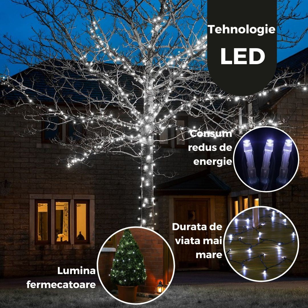 Instalatie de Craciun Liniara Yoto, 50 m, 1 m Prelungitor 220V, 498 LED, 8 Jocuri de Lumini, Controler, Fir Negru, Utilizare Interior/Exterior, Protectie anti-inghet, Fir Cupru, Alb Rece - vivimall.ro