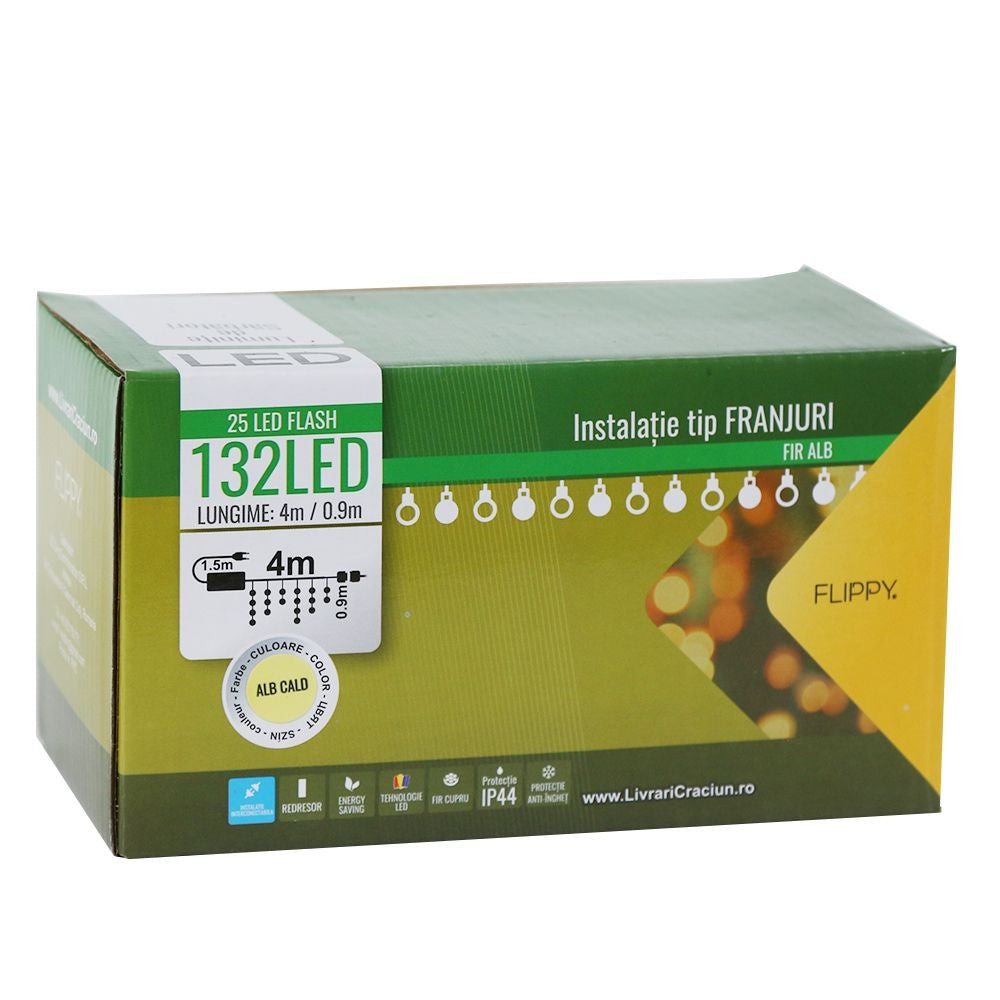 Instalatie de Craciun, Premium Flippy®, Tip Franjuri cu Flash, 4 m, 132 LED-uri, Alb Cald, Interconectabila - vivimall.ro