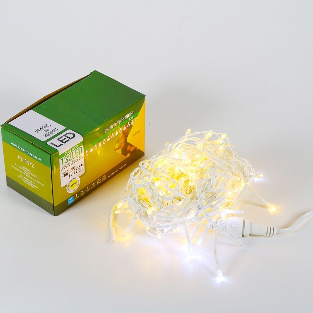 Instalatie de Craciun, Premium Flippy®, Tip Franjuri cu Flash, 4 m, 132 LED-uri, Alb Cald, Interconectabila - vivimall.ro