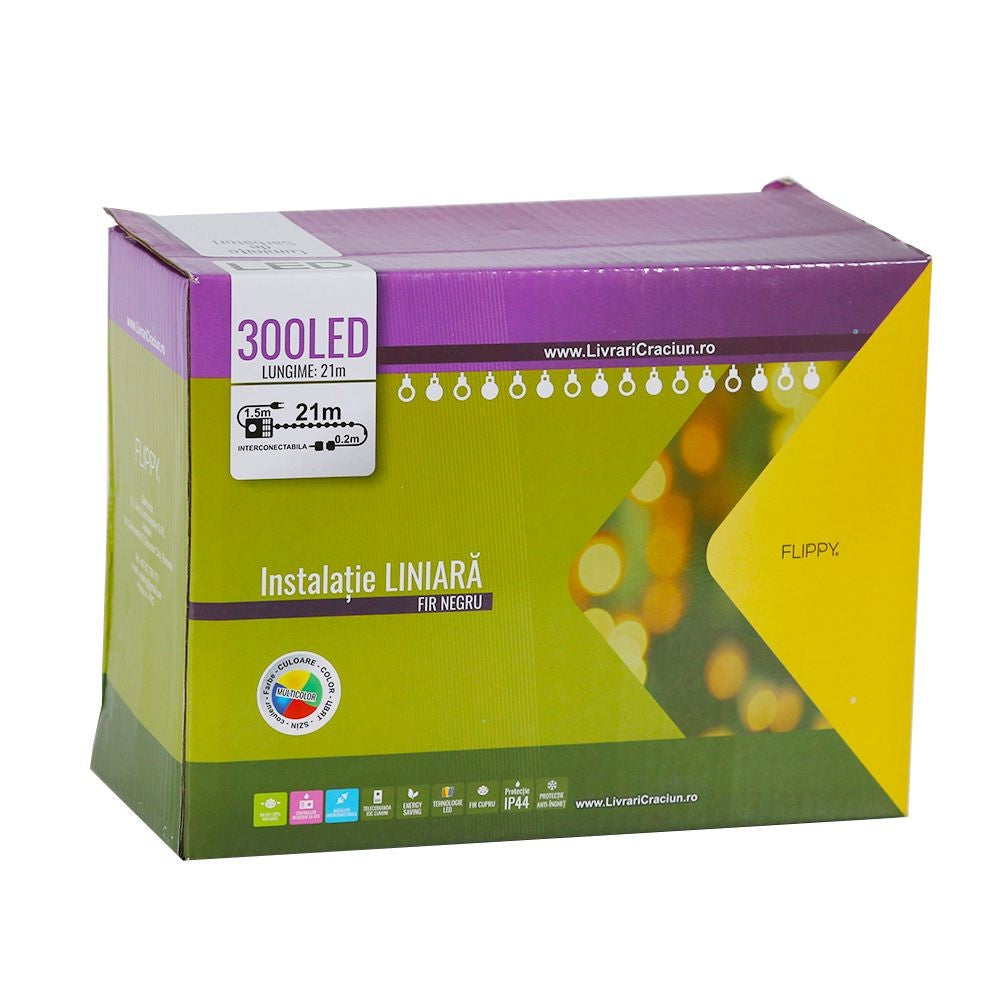 Instalatie de Craciun, Premium Flippy®, Tip Liniara, 21 m, 300 LED-uri, Interconectabila, Multicolor - vivimall.ro