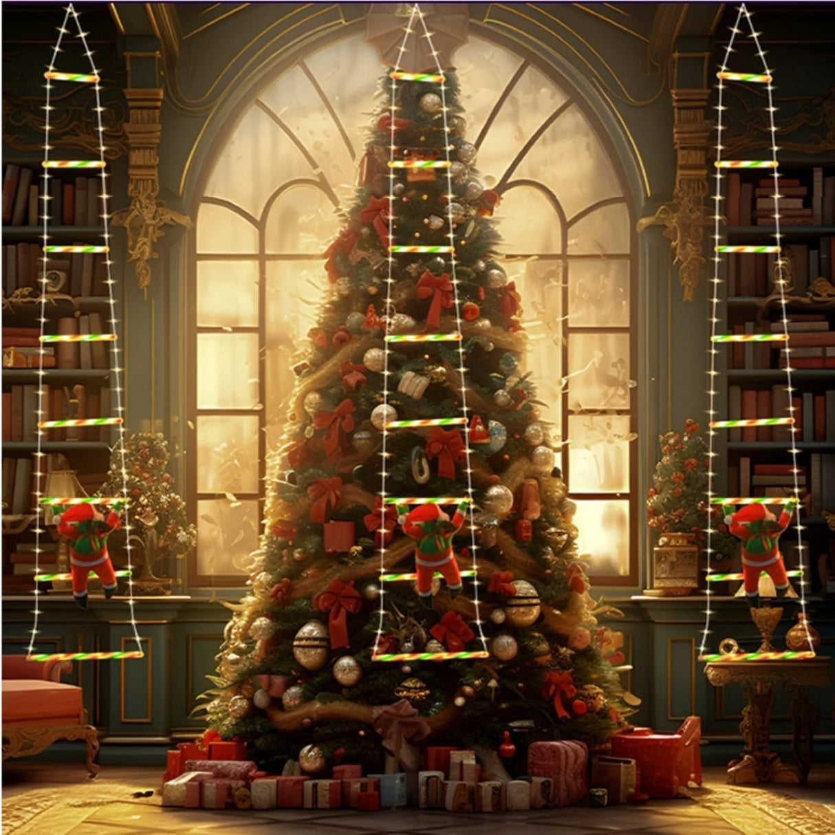 Instalatie LED de Craciun, Vivimall, cu Accesorii, Lumina Calda, Lungime 1.5m, 8 Trepte, 120 de Luminite, 8 Moduri, Model Mos Craciun pe Scara, Multicolor - vivimall.ro