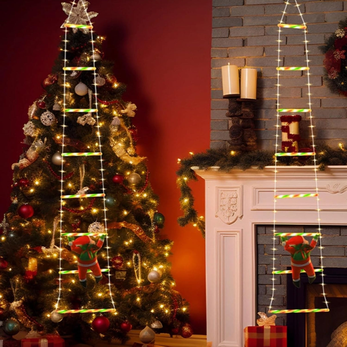 Instalatie LED de Craciun, Vivimall, cu Accesorii, Lumina Calda, Lungime 1.5m, 8 Trepte, 120 de Luminite, 8 Moduri, Model Mos Craciun pe Scara, Multicolor - vivimall.ro