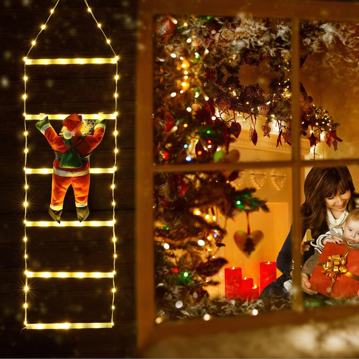 Instalatie LED de Craciun, Vivimall, cu Accesorii, Lumina Calda, Lungime 1 m, 4 Trepte, 72 de Luminite, 8 Moduri, Model Mos Craciun pe Scara Alb cald - vivimall.ro