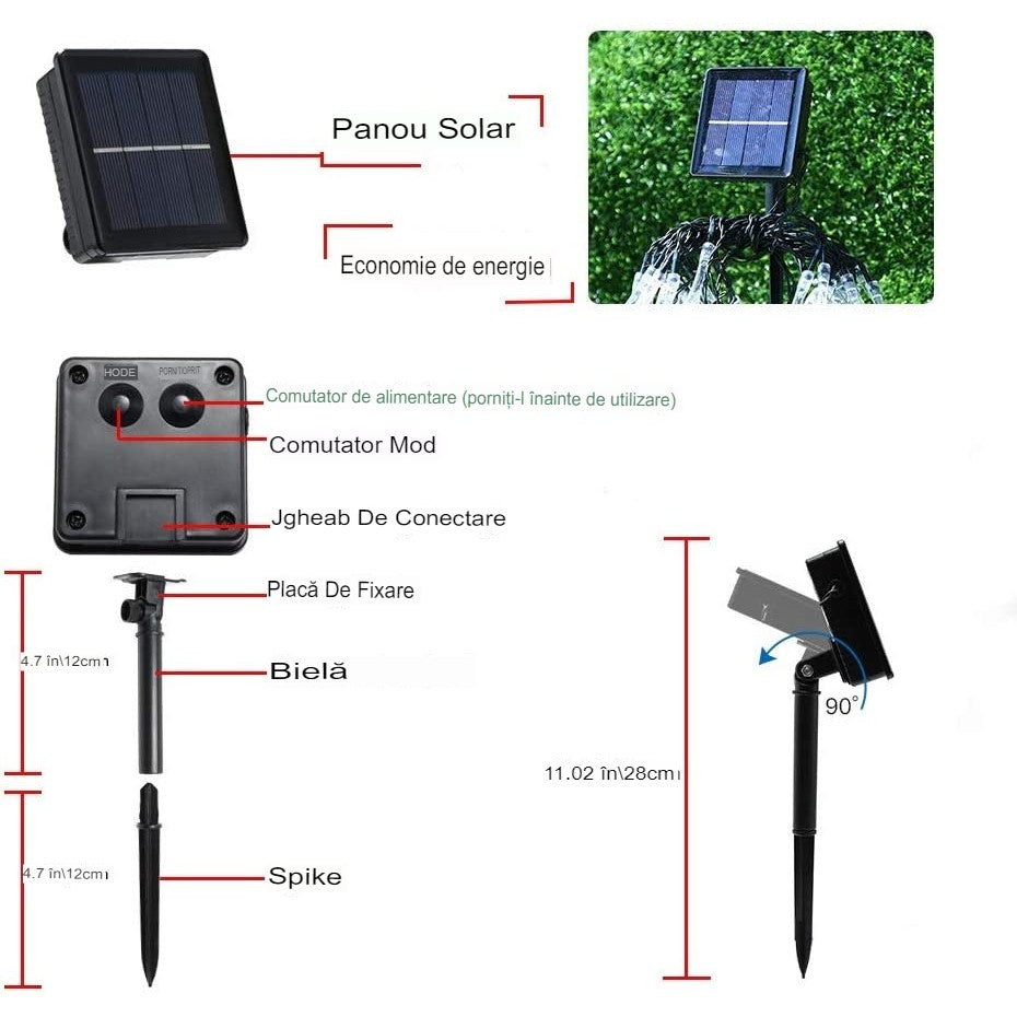 Instalatie Solara 6 m, 28 Led-uri cu Ornament tip picatura de apa, Liniara, Fir negru, Interior, Exterior, Alb Cald - vivimall.ro