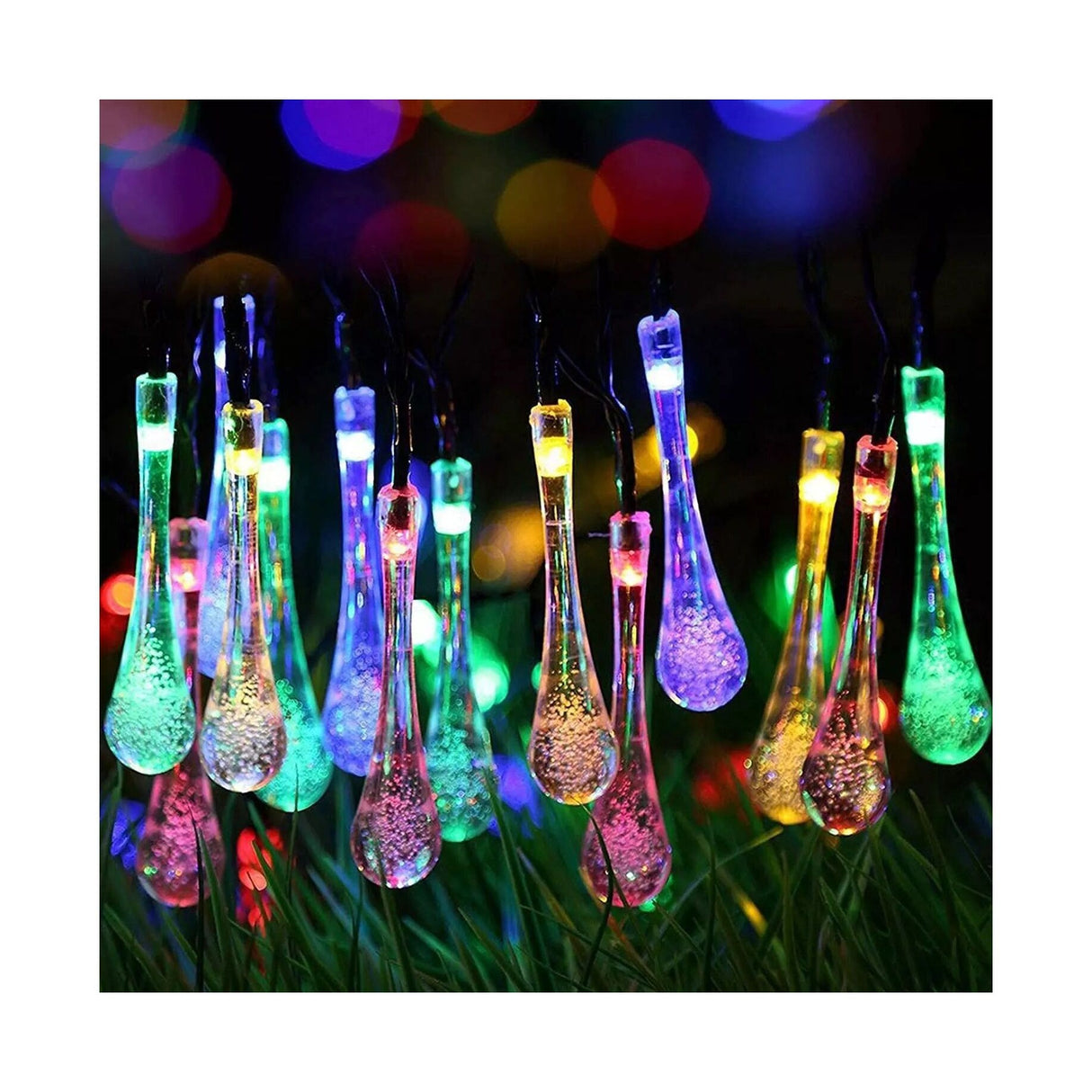 Instalatie Solara 6 m, 28 Led-uri cu Ornament tip picatura de apa, Liniara, Fir negru, Multicolor - vivimall.ro