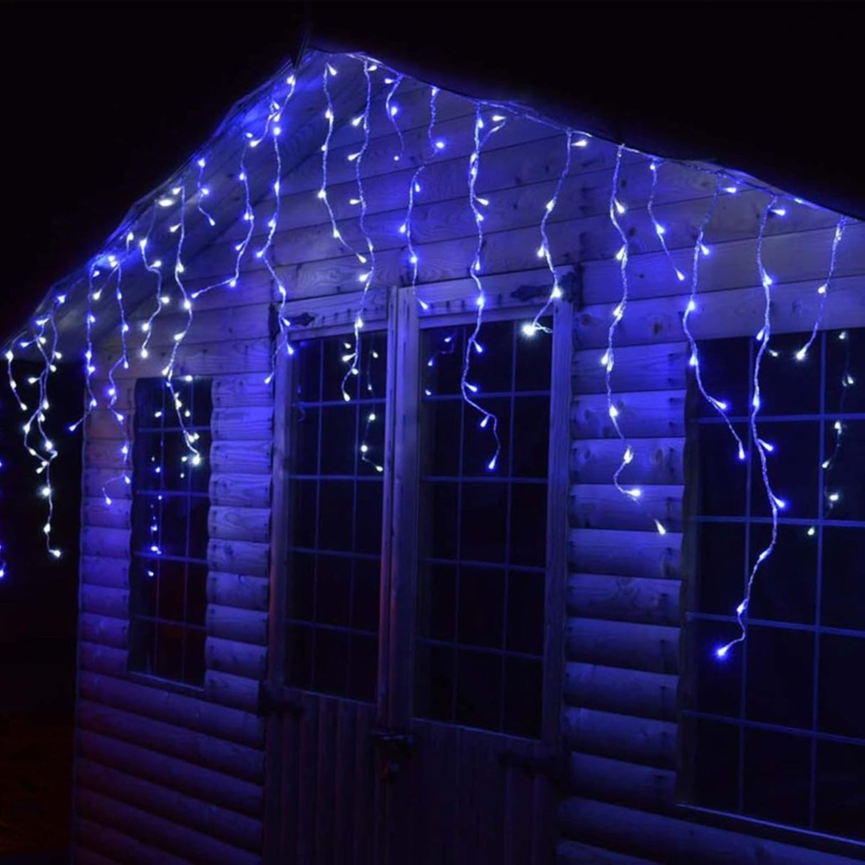 Instalatie Solara Craciun Turturi, IP44, 5 m, 143 Led-uri, Perdea Franjurata, Albastru, 8 jocuri de lumini, cu Telecomanda, 31V, 500 mAh, Acumulator de 2400 mAh, Exterior, Prelungitor 5 m inclus, Fir Transparent, Vivimall - vivimall.ro