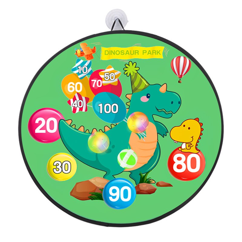 Joc Darts Vivimall pentru Copii, Placa Pliabila 36.5 cm, 8 Mingii Velcro/Scai Simple, 2 Mingii Luminoase, Model Dinozaur Park, Verde - vivimall.ro