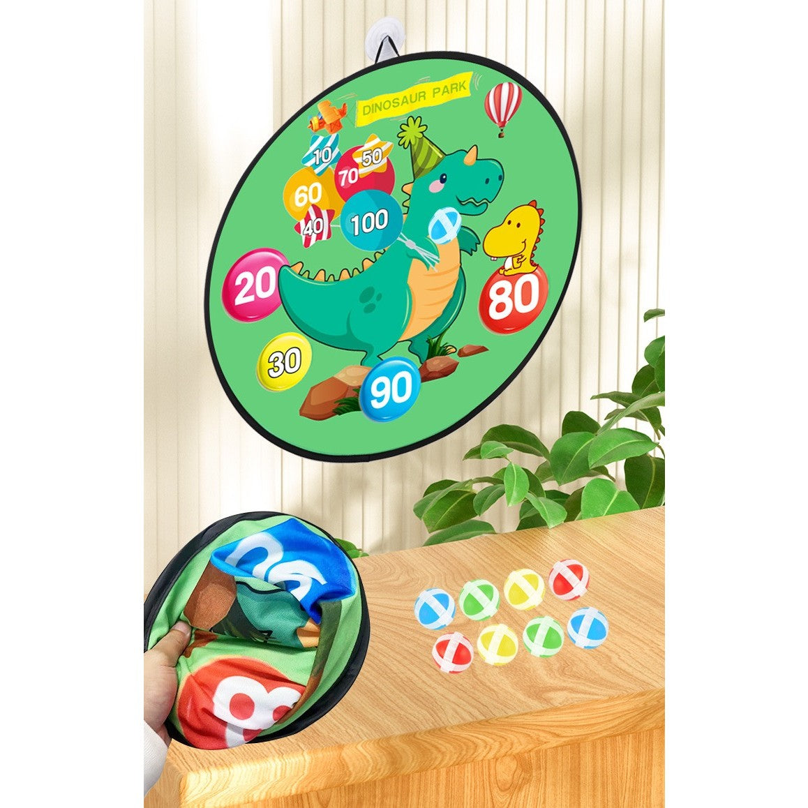 Joc Darts Vivimall pentru Copii, Placa Pliabila 70 cm, 8 Mingii Velcro/Scai Simple, 2 Mingii Luminoase, Model Dinozaur Park, Verde - vivimall.ro