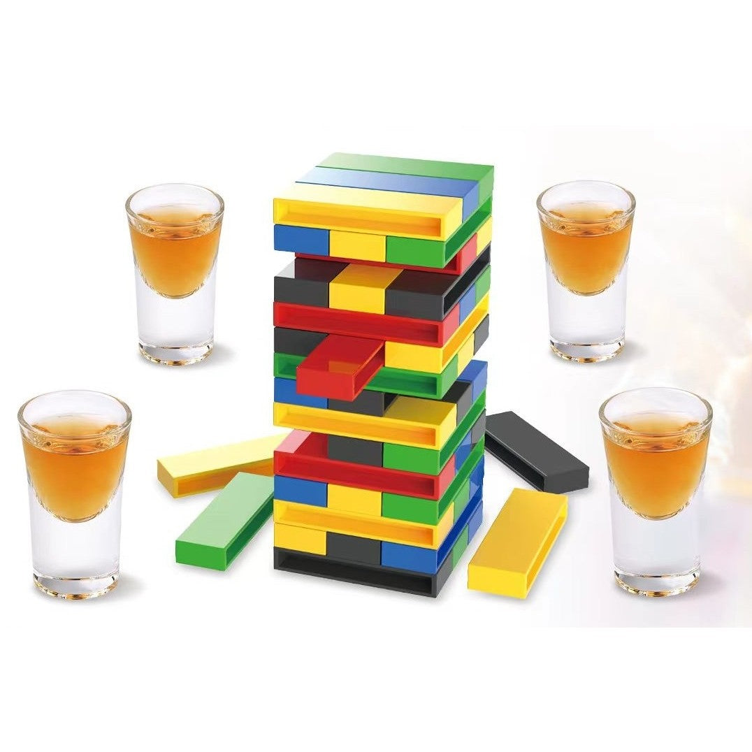 Joc de Baut Vivimall, Turn Jenga din Plastic, cu 4 Pahare de Shot, +18 Ani, Multicolor - vivimall.ro