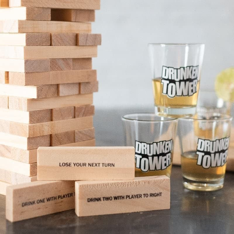 Joc de Baut Jenga Vivimall, Turnul Betivului din Lemn, Piese cu Provocari, Pahare de Shot din Sticla Incluse, 19 x 7 x 20 cm - vivimall.ro