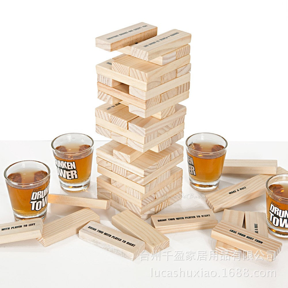 Joc de Baut Jenga Vivimall, Turnul Betivului din Lemn, Piese cu Provocari, Pahare de Shot din Sticla Incluse, 19 x 7 x 20 cm - vivimall.ro