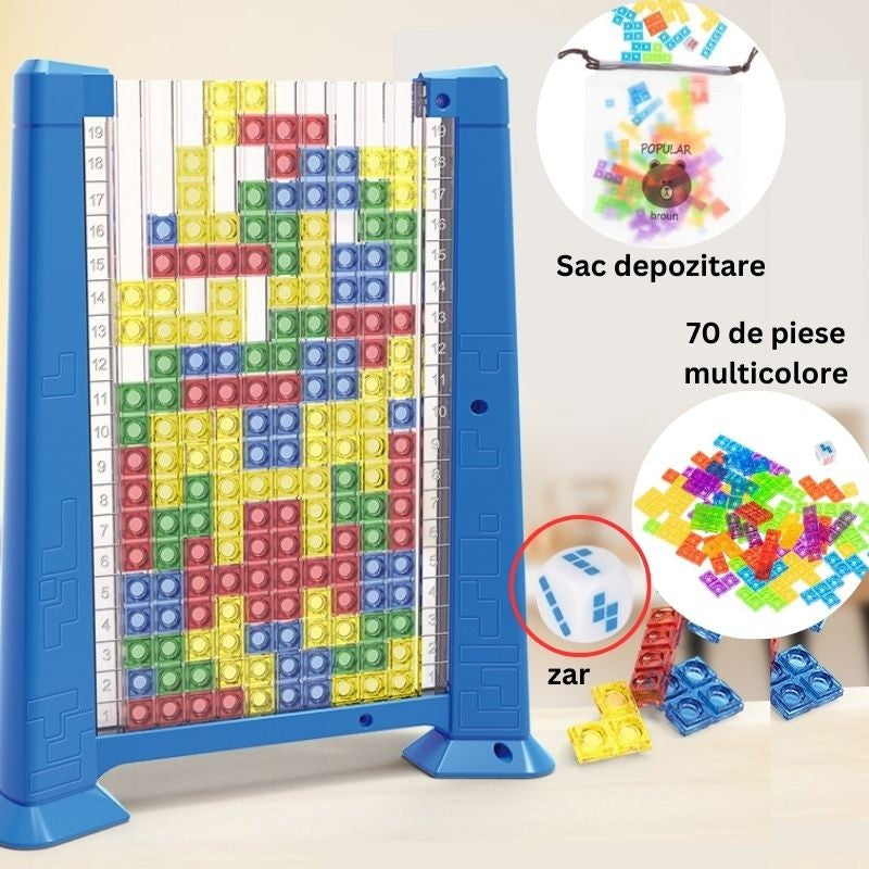 Joc de inteligenta Tetris puzzle tangram Vivimall, 70 de piese multicolore, 3D, montessori, interactiv, din plastic, zar inclus, sac depozitare piese, varsta peste 6 ani, 23 x 19.8 x 5 cm, cadru albastru - vivimall.ro