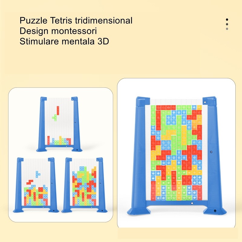 Joc de inteligenta Tetris puzzle tangram Vivimall, 70 de piese multicolore, 3D, montessori, interactiv, din plastic, zar inclus, sac depozitare piese, varsta peste 6 ani, 23 x 19.8 x 5 cm, cadru albastru - vivimall.ro