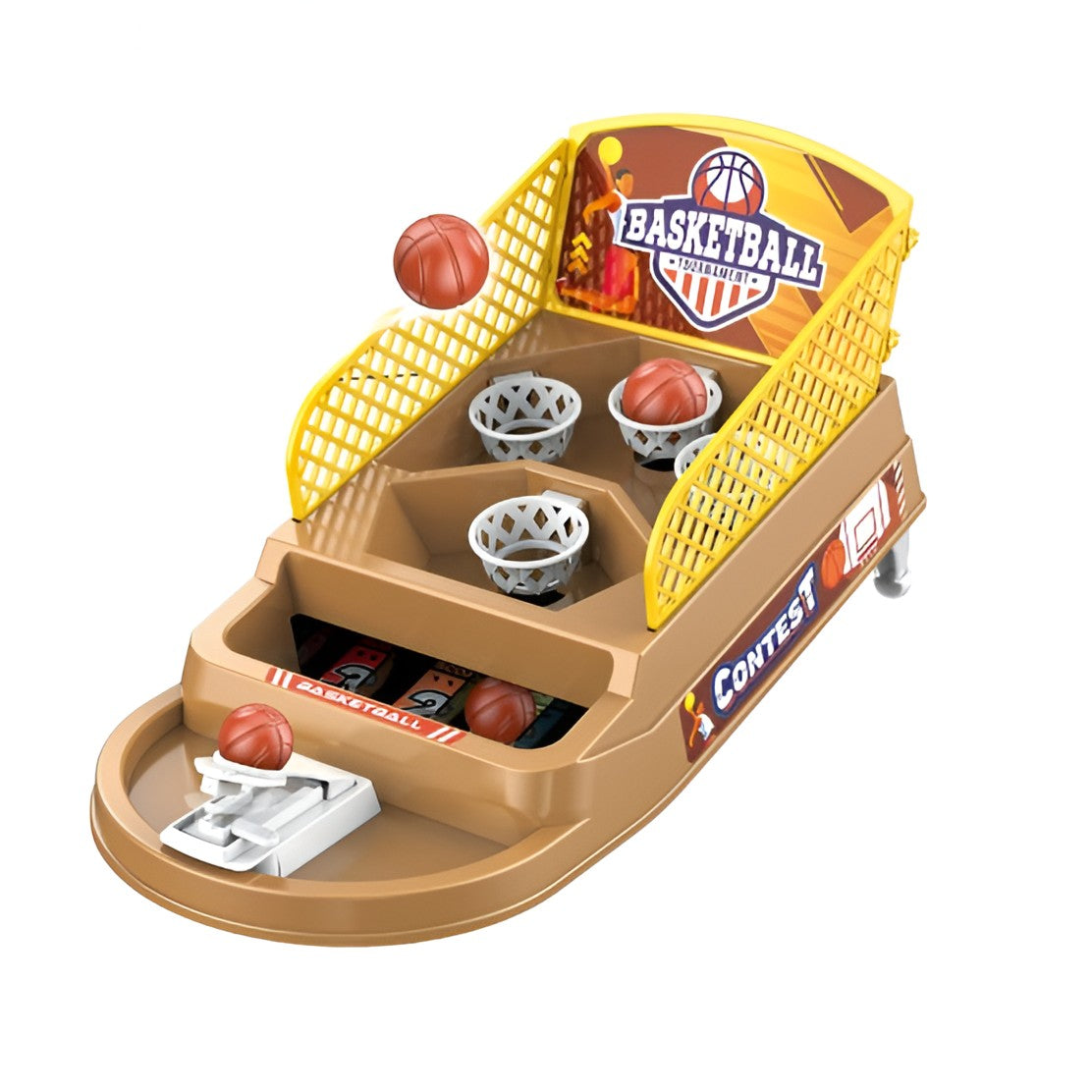 Joc de Masa Mini Baschet Interactiv pentru Copii, Vivimall, 4 Cosuri, 3 Mingi Incluse, 23.5x11.5x14 cm, Maro - vivimall.ro