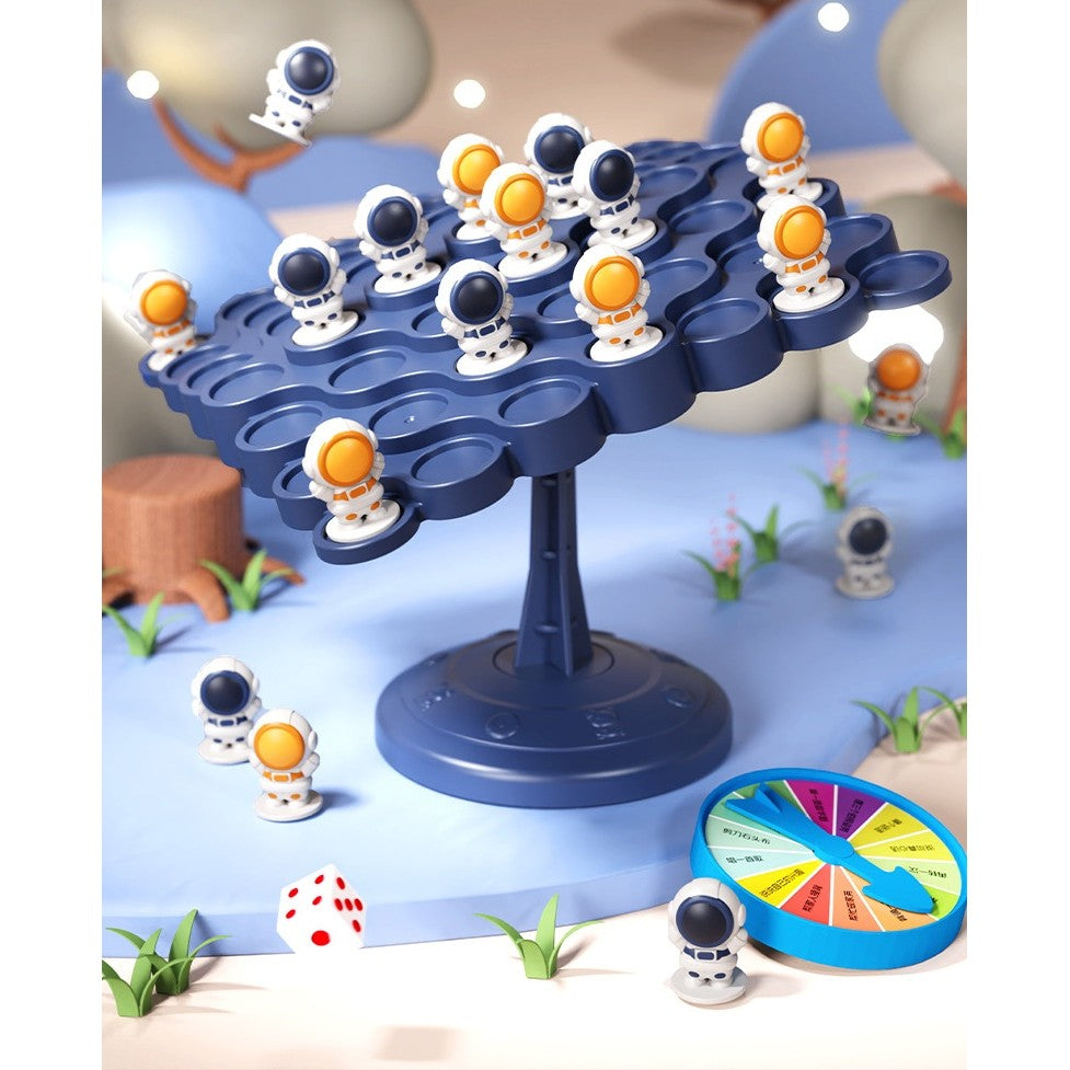 Joc Interactiv, Vivimall, Astronauti in Echilibru, +3 Ani, din Plastic, 50 de Pioni, Placa de Echilibru, Roata cu Pedepse, Zar, 14 x 7 x 14 cm, Albastru - vivimall.ro