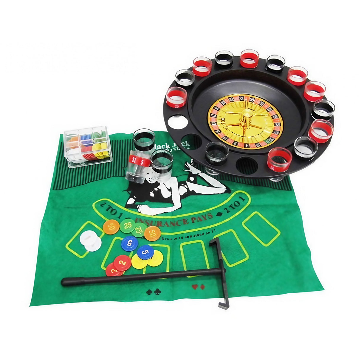 Joc de Ruleta Vivimall, cu Pahare de Shot si Plansa de Joc Blackjack, 31 cm, Multicolor - vivimall.ro