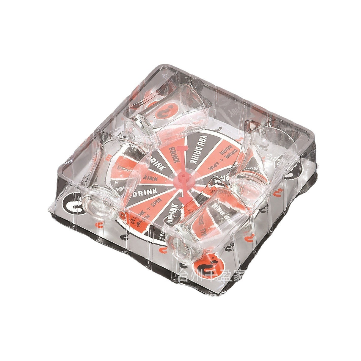 Joc de societate cu 4 pahare de shoturi din sticla Vivimall, ruleta norocului, pentru petreceri, 17x17x7.5cm - vivimall.ro