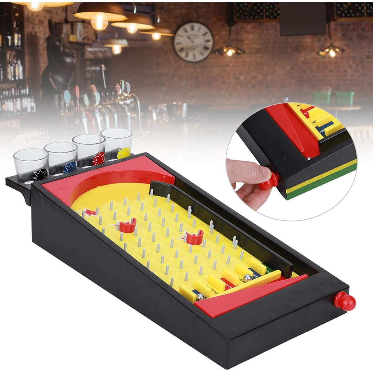 Joc de societate Pinball cu pahare pentru shoturi Vivimall, 40 x 17,7 cm, galben - vivimall.ro