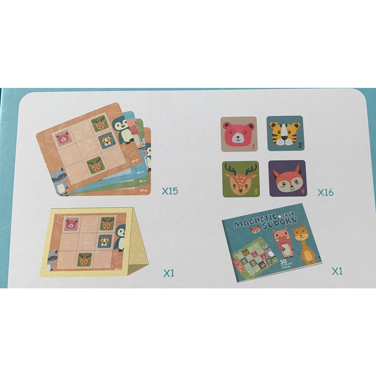 Joc educativ Sudoku cu tablita magnetica, 32 de piese, cartonase cu animale, Verde - vivimall.ro