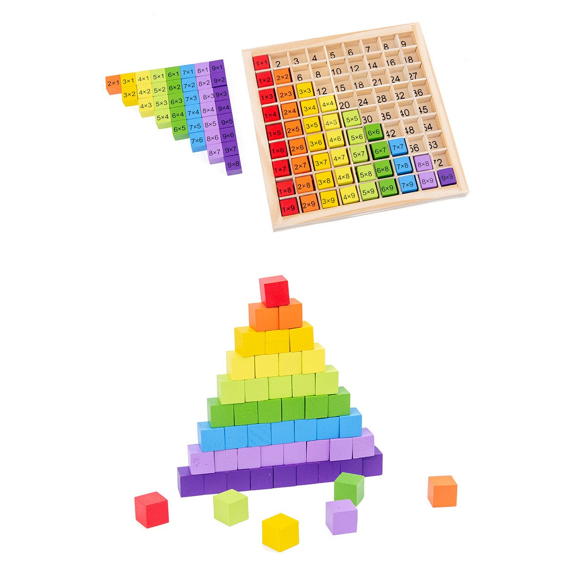 Joc Montessori din Lemn, Vivimall, Tabla Inmultirii, Blocuri, Tabel de Multiplicare pana la 9x9, Multicolor, 18x18x1.5 cm - vivimall.ro