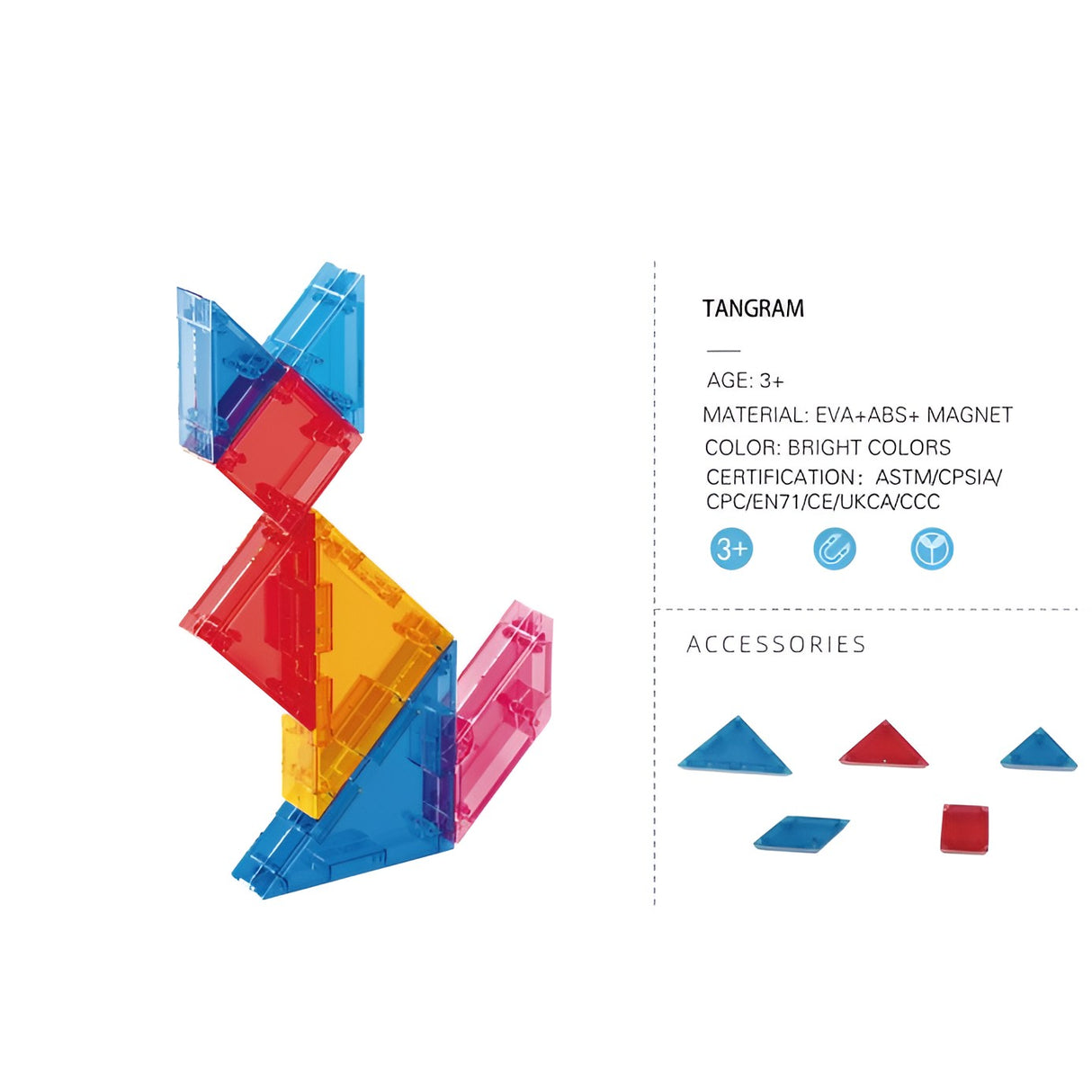 Set tangram magnetic deschis, cele 7 piese geometrice colorate aranjate pe suprafața de joc