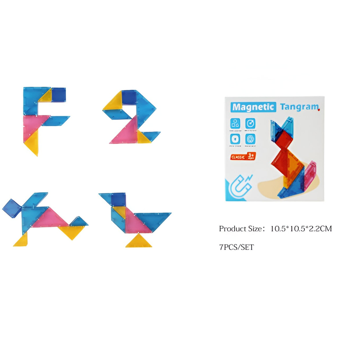 Detaliu piese magnetice tangram din material EVA și ABS, culori vii, formă triunghiulară și pătrată