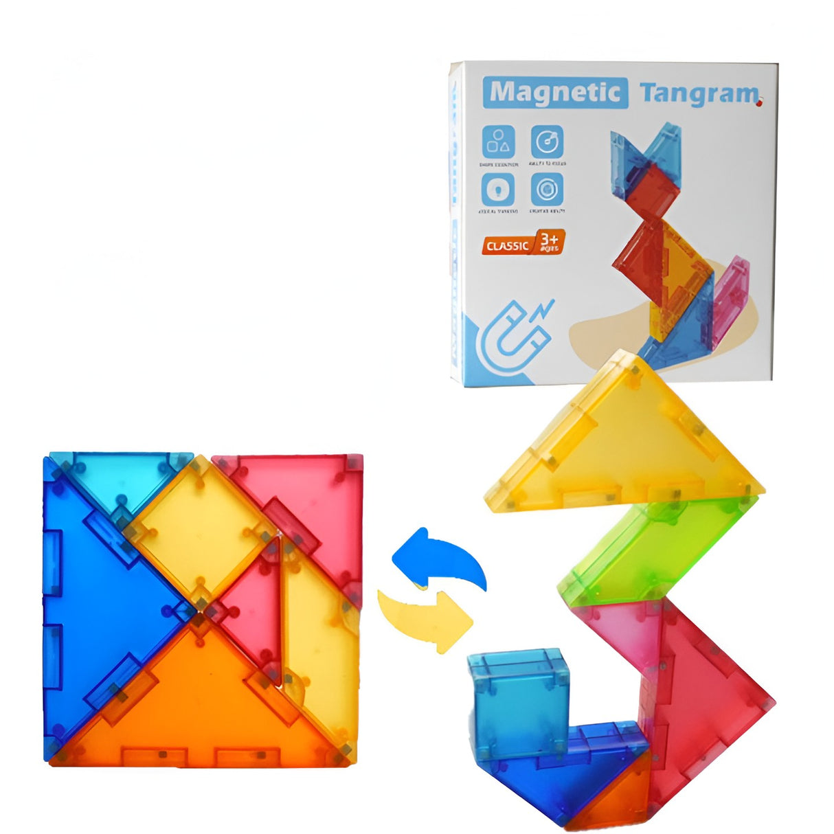 Copil de 3 ani jucând tangram magnetic, construind o figură de animal din piesele colorate