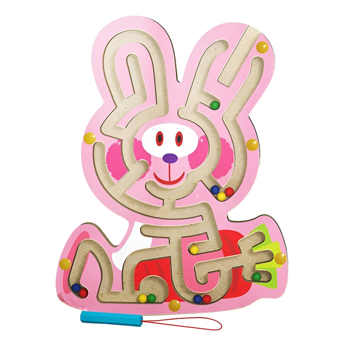 Joc Montessori cu Bile, Vivimall, Creion Magnetic, Tip Labirint, din Lemn, Model Iepuras, 19.5x15.5 cm, Roz - vivimall.ro