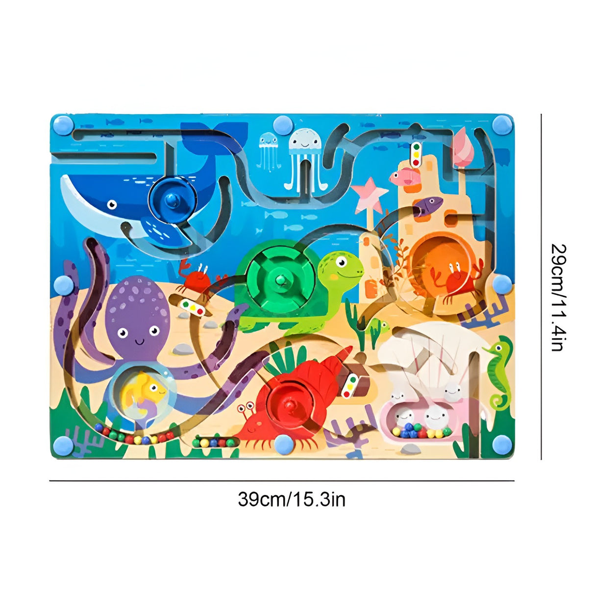 Joc Montessori de Sortare Culori, Vivimall, Creion Magnetic, Tip Labirint Ilustrat, din Lemn, Model Animale Marine, 39x29x1.5 cm - vivimall.ro