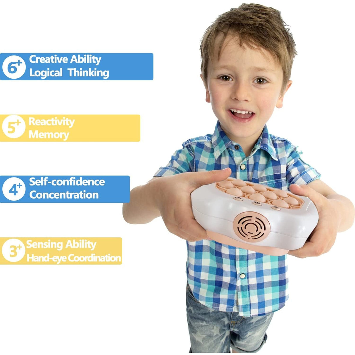 Joc Pop It, Vivimall, consola, joc interactiv, antistres, cu baterii, Abs si silicon, Alb, 12 x 10 x 5.8 cm - vivimall.ro