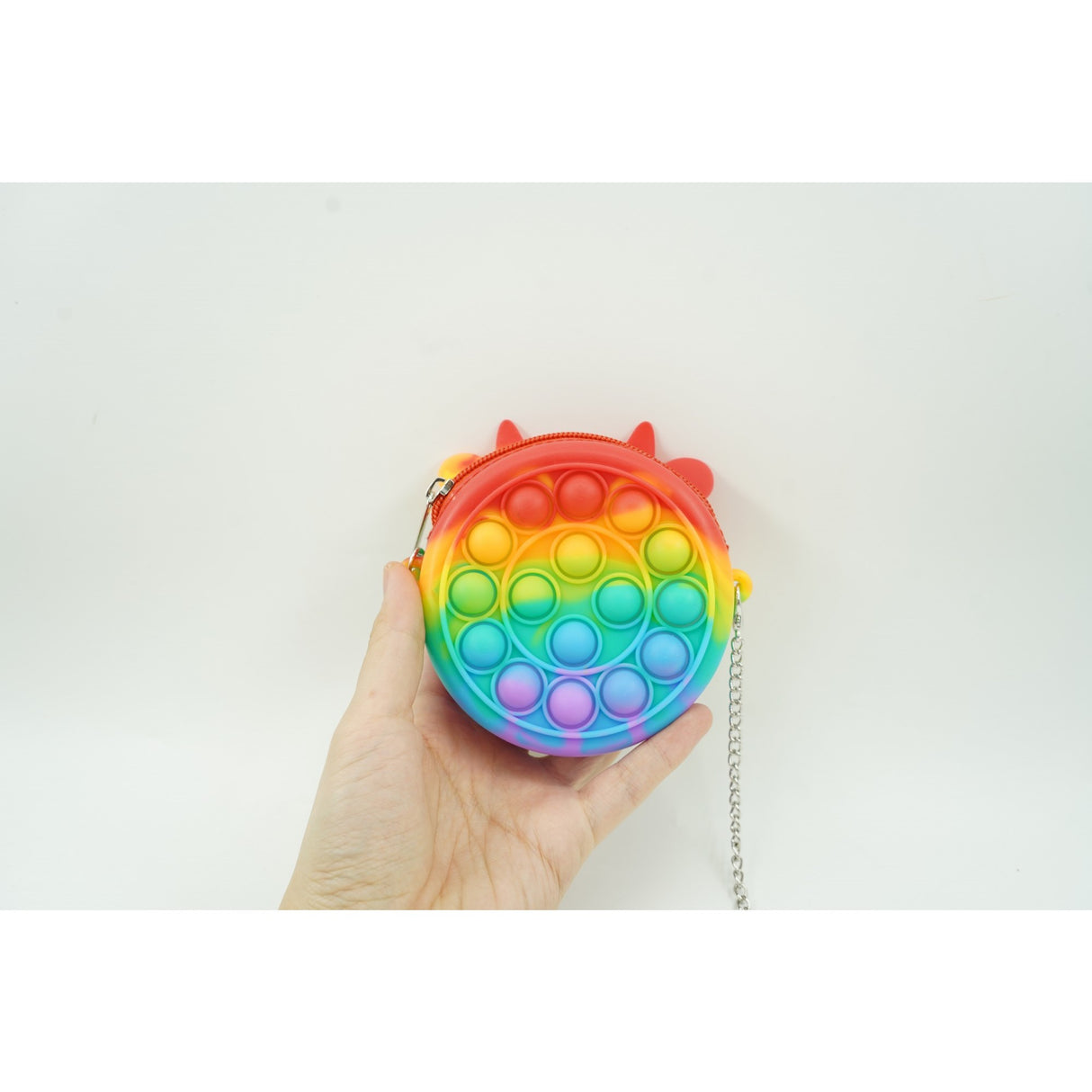 Jucarie antistres din silicon Flippy, Pop it Now and Flip It ,Mini Geanta, Vacuta, 6 cm, Curcubeu - vivimall.ro