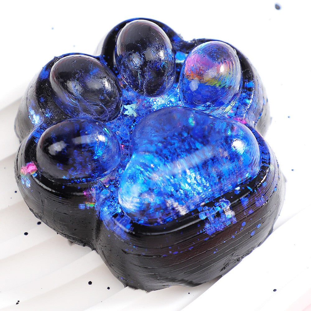 Jucarie Antistres Squishy, Vivimall, cu Revenire Lenta, Squeeze Pinch Family, Model Labuta de Pisica cu Sclipici, 6.5x6 cm, 60g, Ambalaj Transparent, Albastru-Negru - vivimall.ro