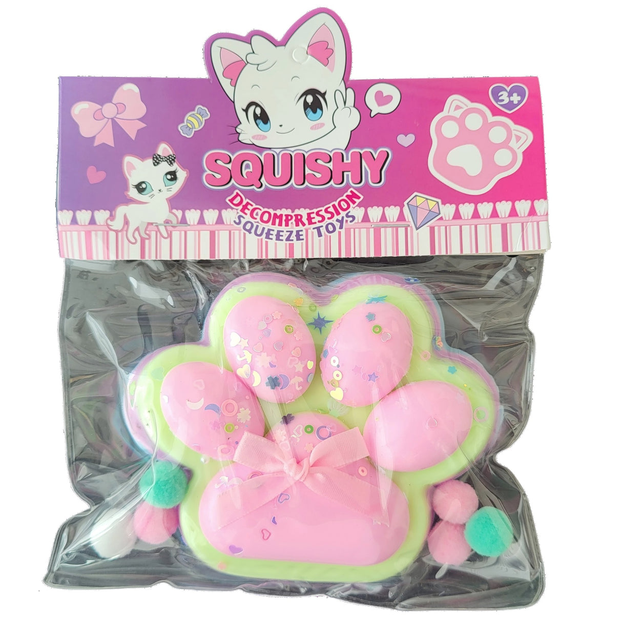 Jucarie Antistres Squishy, Vivimall, cu Revenire Lenta, Model Labuta de Pisica Pufoasa, 12.5x10.5 cm, 200g, Squeeze Pinch Family, Ambalaj Transparent, Roz Curcubeu - vivimall.ro