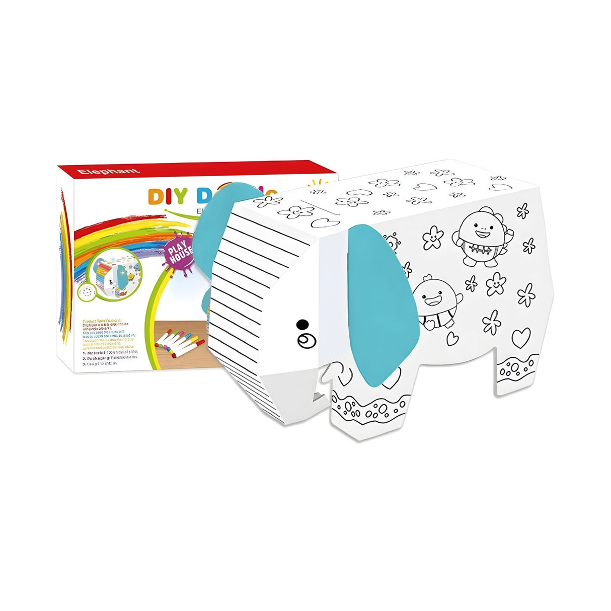 Jucarie Creativa pentru Copii, Flippy, Model Elefant 3D, Set de Asamblat si Colorat din Carton, Puzzle 3D Educativ, 34 x 14 x 23 cm, 3+ ani, Alb