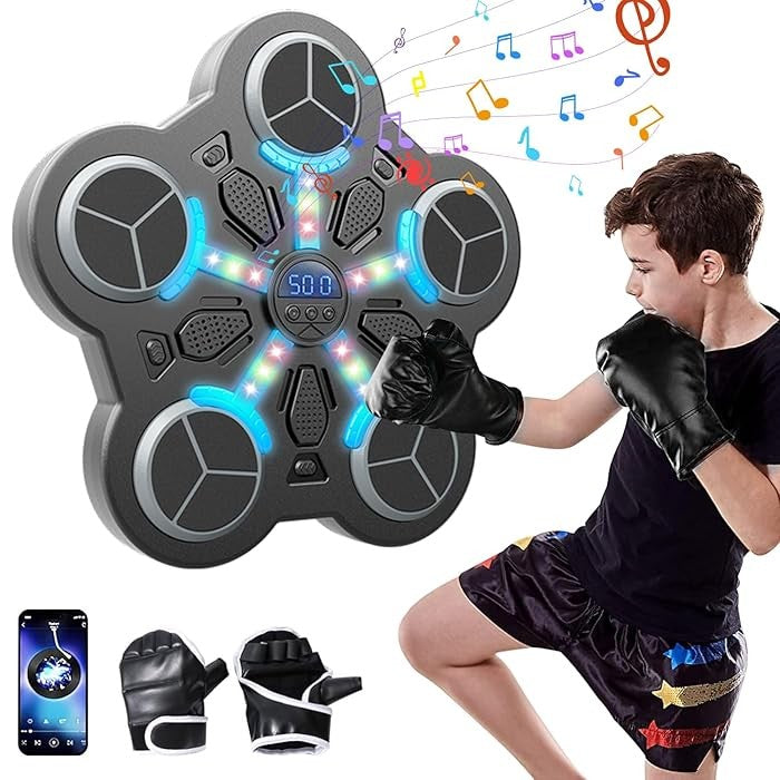 Jucarie de Boxat cu Muzica si Lumini, Vivimall, Manusi Incluse, Bluetooth, Incarcare USB, Aplicare cu Ventuze, 5 Tinte, 33x33x4.5 cm, 930 g, Negru - vivimall.ro